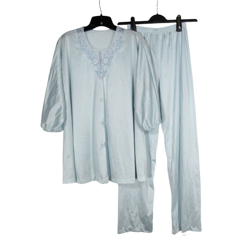 VTG VANITY FAIR Blue NYLON Button-Up FLORAL TRIM Lounge PAJAMA SET Top/Pants S